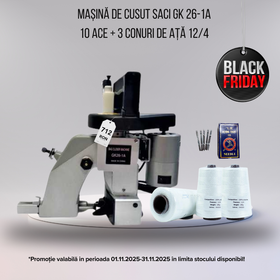 Pachet Black Friday – Mașină de cusut saci GK26 + 3 conuri de ață 12/4 + 10 ace CADOU