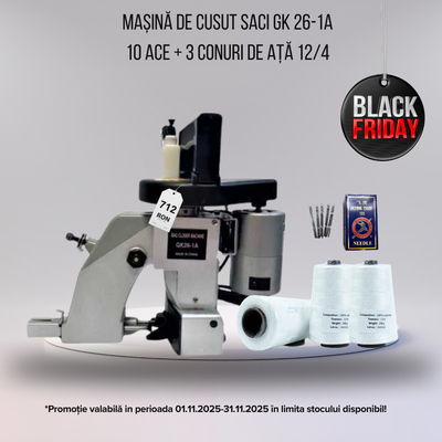 Pachet Black Friday – Mașină de cusut saci GK26 + 3 conuri de ață 12/4 + 10 ace CADOU