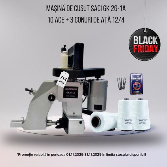 Pachet Black Friday – Mașină de cusut saci GK26 + 3 conuri de ață 12/4 + 10 ace CADOU