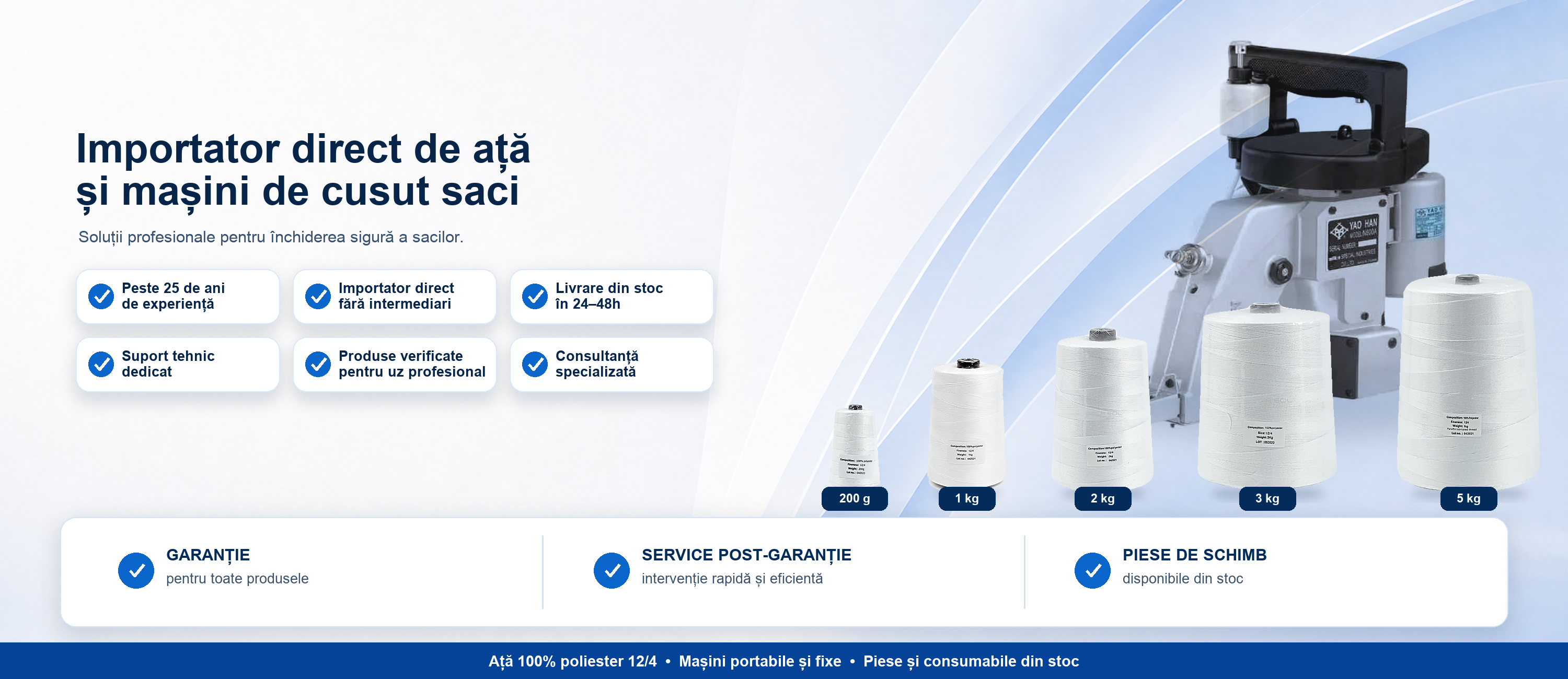 Ață, mașini și piese pentru cusut saci